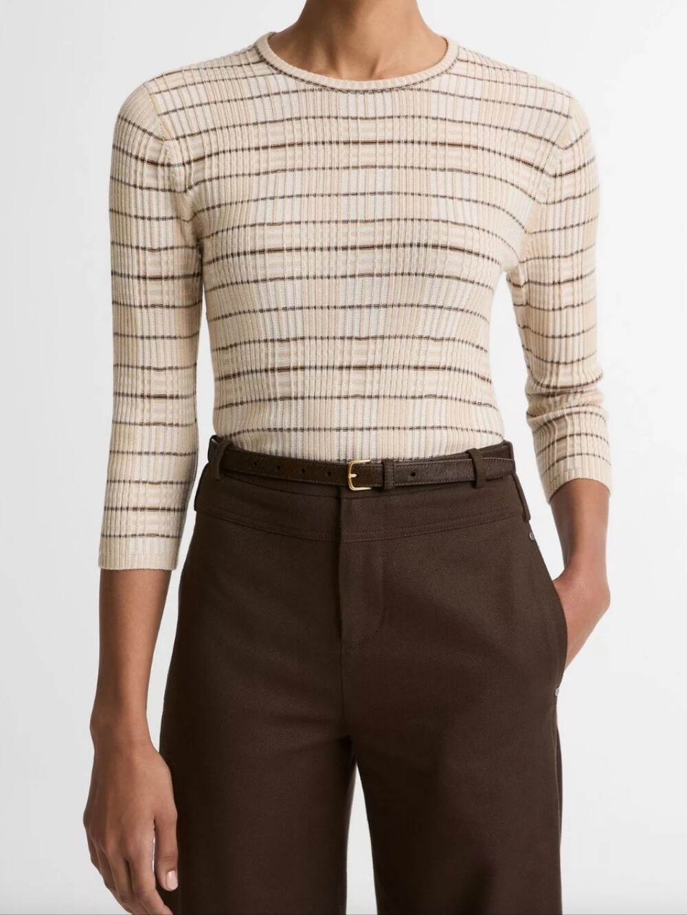 Vince Cream Ribbed Quarter-Sleeve Crewneck Top with Brown Stripes